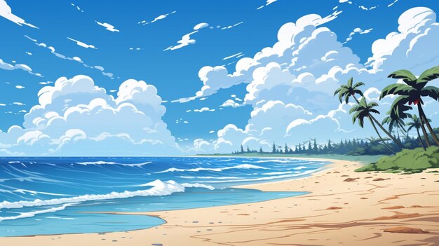 Cartoon a beach with a blue sky and the ocean and the words beach on it