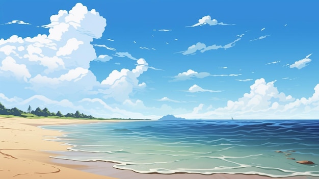 Cartoon a beach with a blue sky and the ocean and the words beach on it