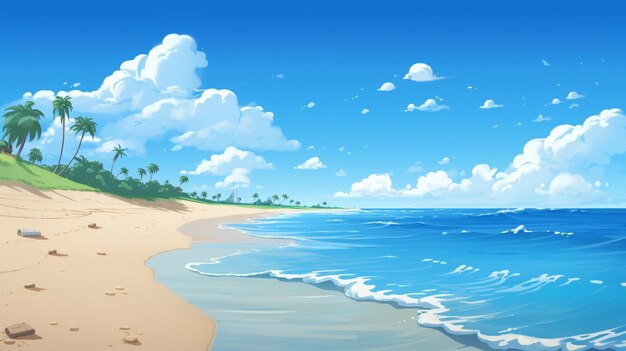 Cartoon a beach with a blue sky and the ocean and the words beach on it