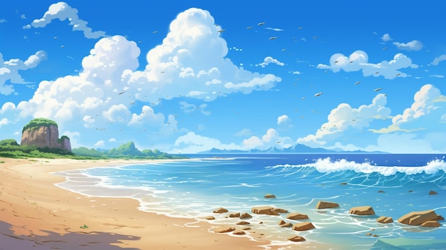 Cartoon a beach with a blue sky and the ocean and the words beach on it