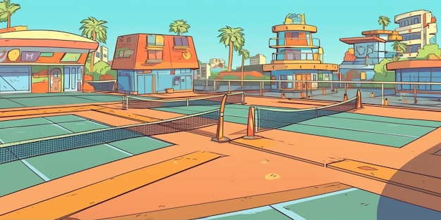 A cartoon of a beach with a palm tree and a building with a sign that says'palm trees '