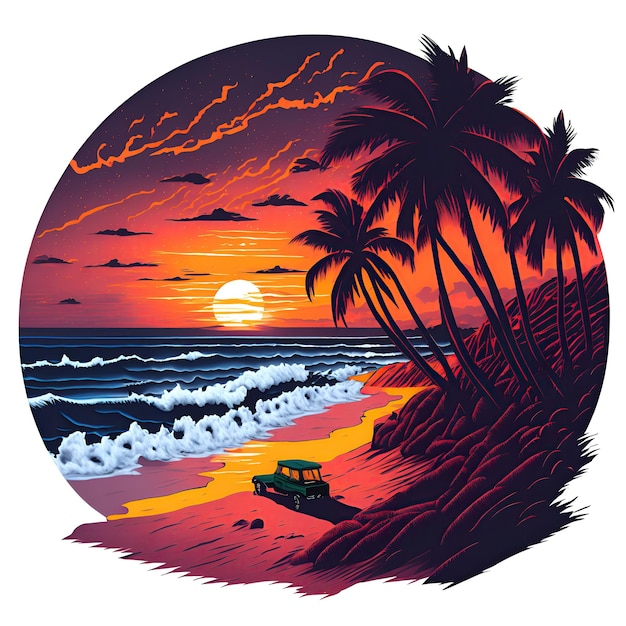 A cartoon of a beach with palm trees and the sun setting behind it.