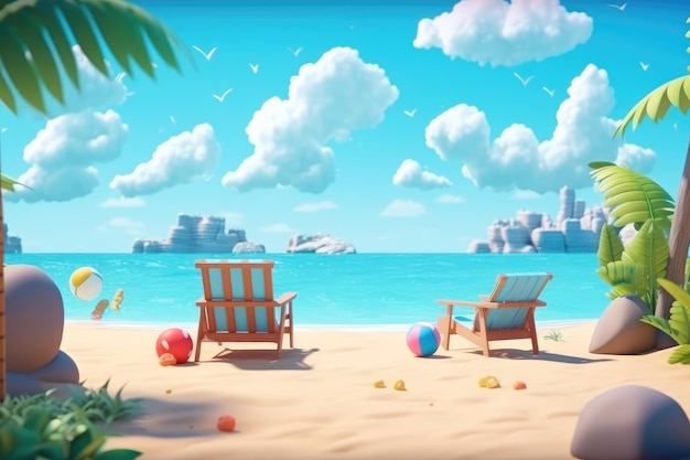 Cartoon beach with sea and blue sky 3D illustration