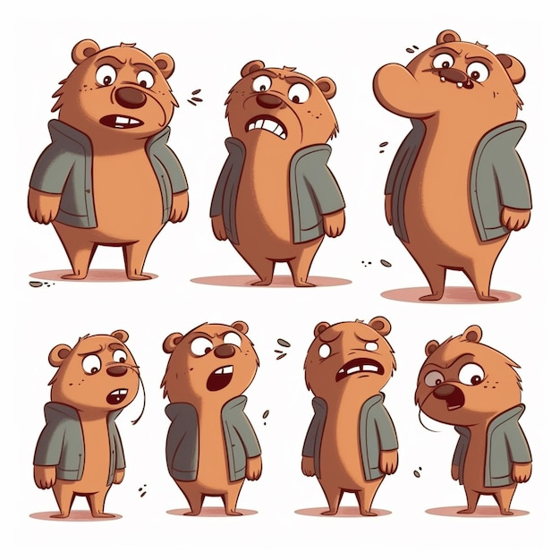 Cartoon bear character poses with different expressions and expressions generative ai