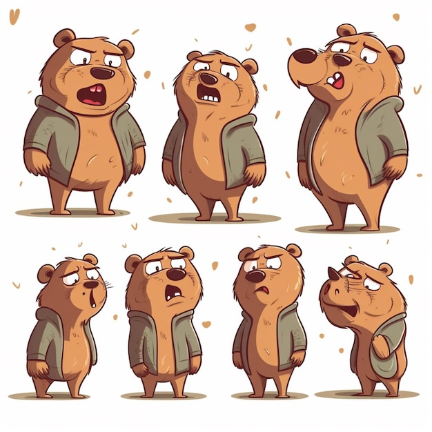 Cartoon bear character poses with different expressions generative ai