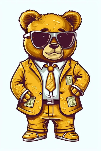 Cartoon bear dressed in a suit and sunglasses with money generative ai