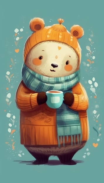 A cartoon bear in a hat and scarf holding a cup generative ai