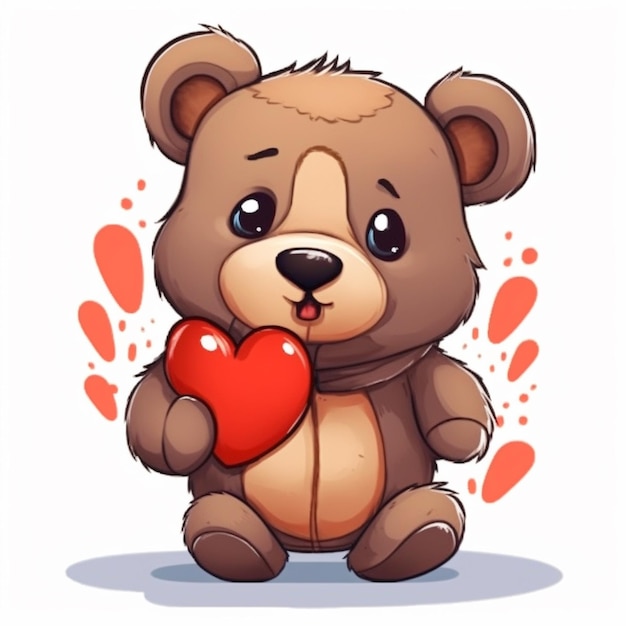 мультфильм медведь, держащий сердце с красной лентой