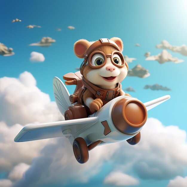 a cartoon bear is flying in the sky with a plane in the background.