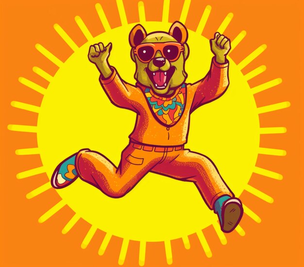 Cartoon bear jumping in the air with sunglasses and a tie generative ai