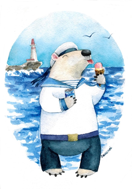 Photo cartoon bear sailor with ice cream illustration