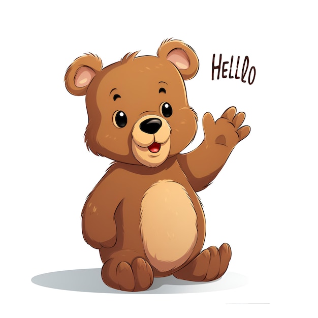 cartoon bear saying hello with its hand on white background