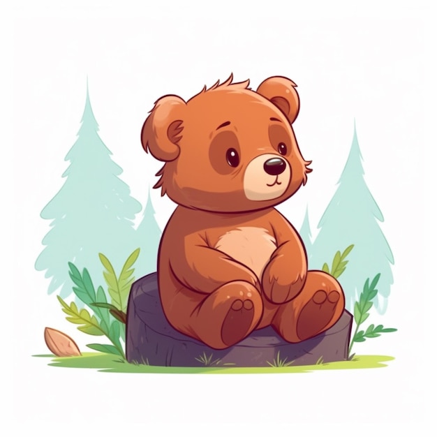 cartoon bear sitting on a rock in the woods with trees generative ai