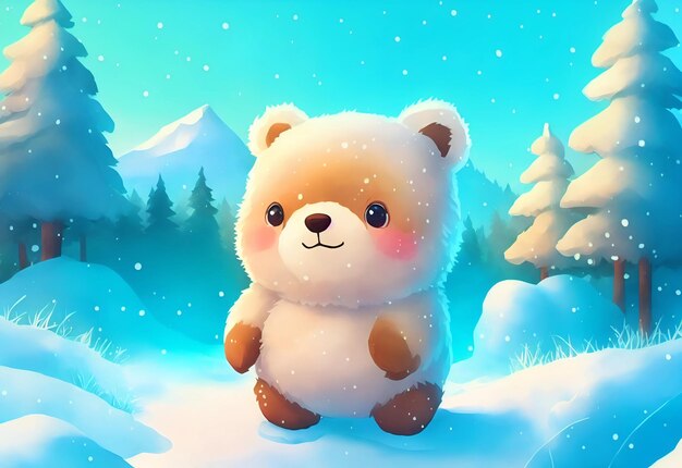 A cartoon bear in a snowy landscape