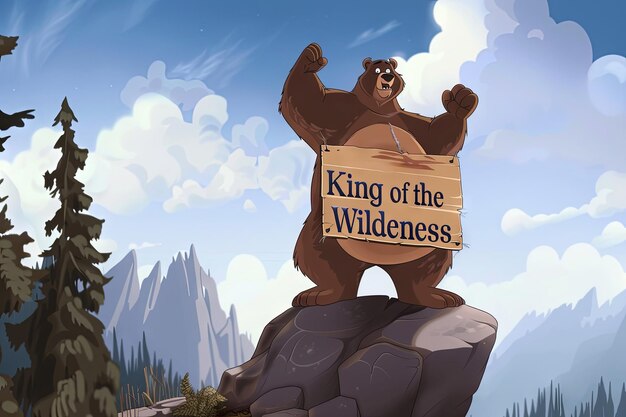 Photo a cartoon bear standing atop a rocky cliff holding bug sign reading king of the wilderness as it surveys its domain with a powerful presence