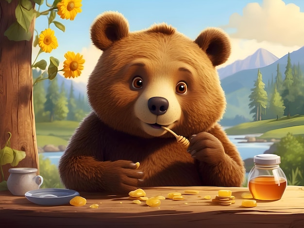 Cartoon bear tasting honey