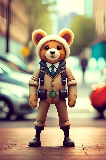 A cartoon bear wearing a hat and suspenders stands on the street.