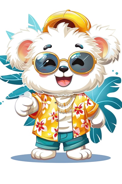 A cartoon bear wearing sunglasses and a Hawaiian shirt is smiling