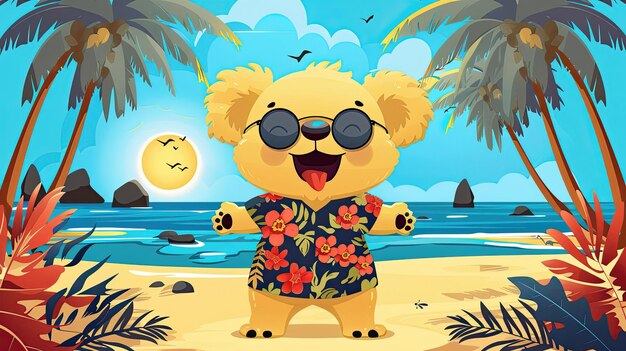 Photo a cartoon bear wearing sunglasses and a hawaiian shirt is standing on a beach