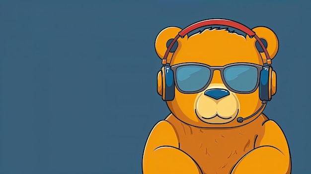 A cartoon bear wearing sunglasses and headphones is sitting on a blue background