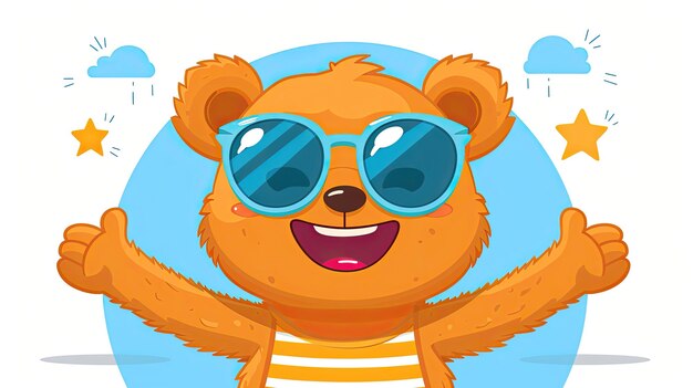 A cartoon bear wearing sunglasses and a striped shirt is smiling