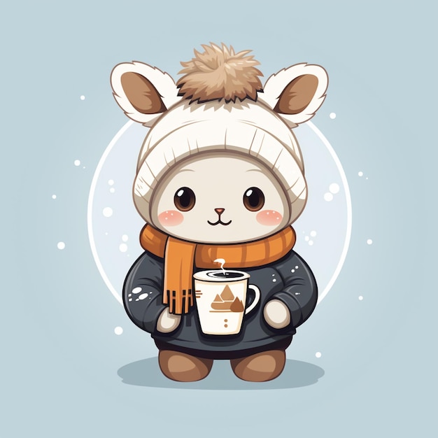 Photo cartoon bear in winter clothes holding a cup of coffee generative ai