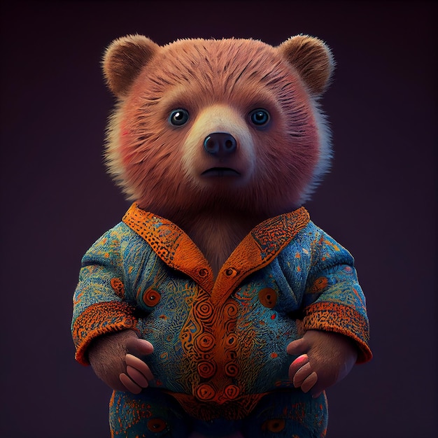 A cartoon bear with a blue and orange outfit.