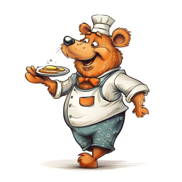 A cartoon bear with a chef's hat and apron holding a plate of food.