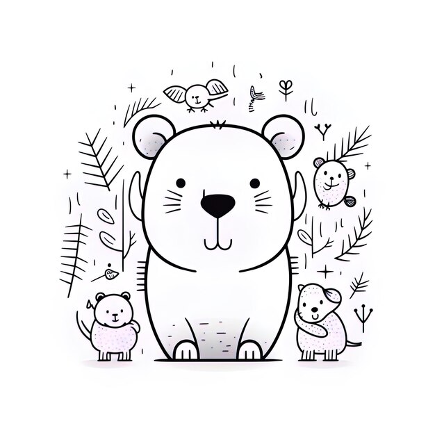 森の中の2匹の小さなクマを持つ漫画のクマ