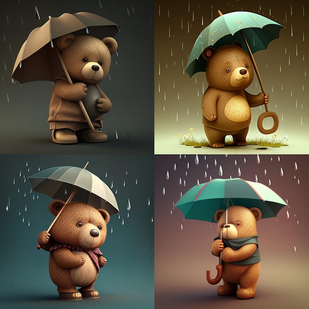 CARTOON BEAR WITH Umbrella generative Ai