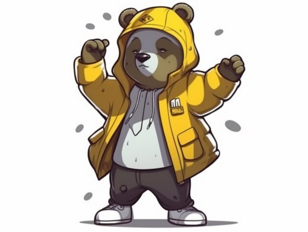 a cartoon bear in a yellow jacket and black pants generative ai