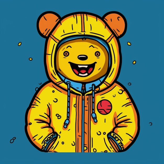 Cartoon bear in yellow raincoat with blue scarf and hat generative ai