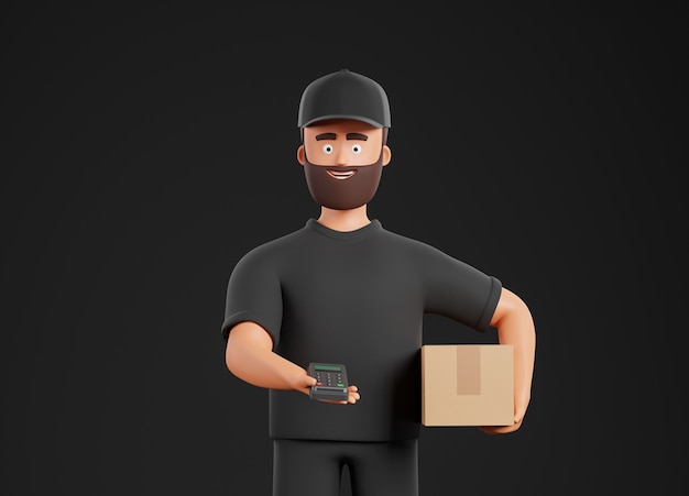 Фото Мультяшный бородач курьер человек в черной форме приносит картонную коробку и pos-терминал на черном фоне. интернет-магазин и концепция доставки. 3d визуализация иллюстрации.