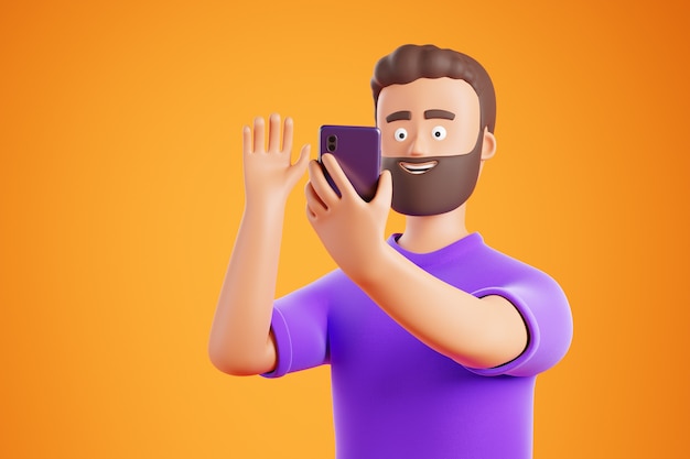 Cartoon beard character man make video call or selfie by smartphone and say hello