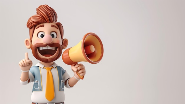 스피커를 들고 있는 수염이 있는 만화 남자 캐릭터 광고 및 홍보 개념  바탕에 트렌디한 3D 일러스트레이션