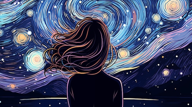 Cartoon beautiful abstract artistic illustration of a girl under the spiral night sky