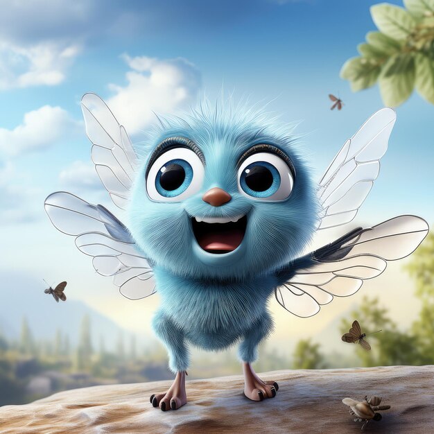 Cartoon Beautiful Cute Little Blue Fly Character Person extreme closeup Generative AI