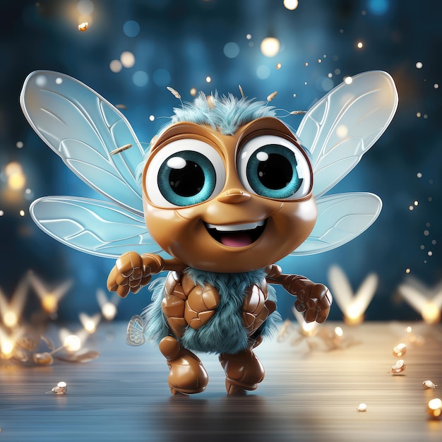 Cartoon Beautiful Cute Little Blue Fly Character Person extreme closeup Generative AI