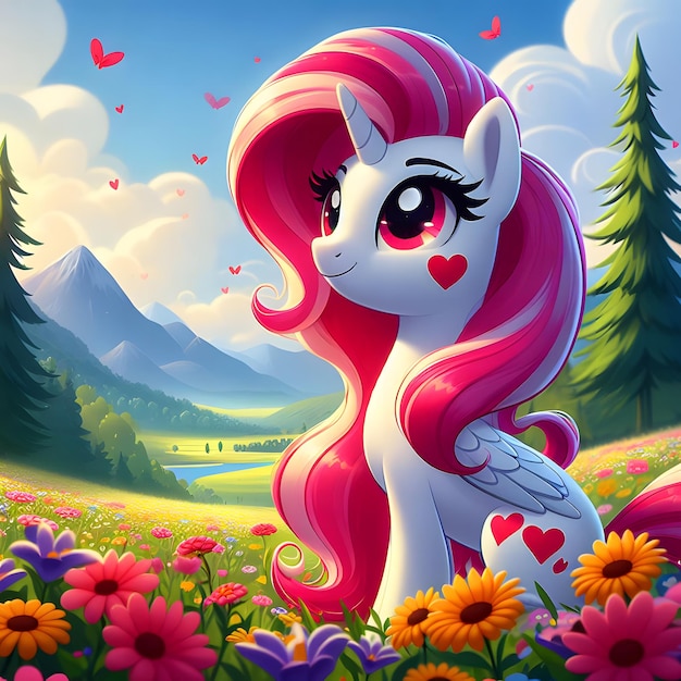 Cartoon Beautiful Cute Unicorn with Alicorn Little Pony pink hair and standing in a field of flower