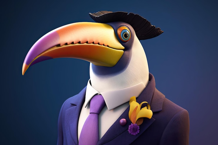 Photo cartoon of a beautiful toucan wearing an elegant suit with a tie in purple tones generative ai