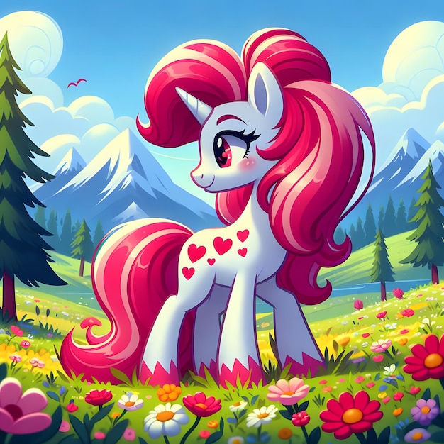 Cartoon Beautiful Unicorn with Alicorn Little Pony pink hair and standing in a field of flowers tre