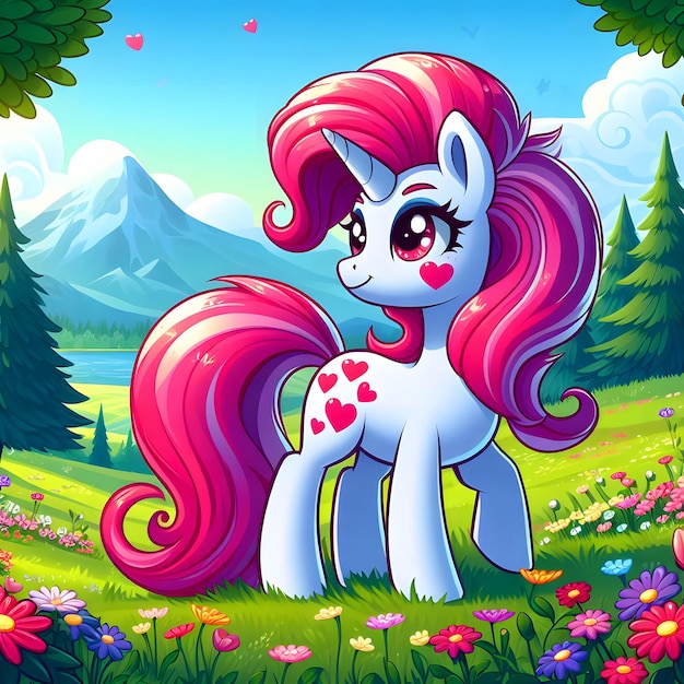 Photo cartoon beautiful unicorn with alicorn little pony pink hair and standing in a field of flowers tre