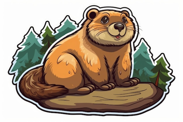 A cartoon beaver with a big nose sits on a log.