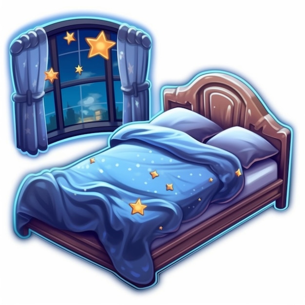 cartoon bed with blue sheets and a blue blanket with stars generative ai