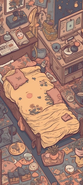 A cartoon of a bed with a yellow cover that says'the bed is on a table. '