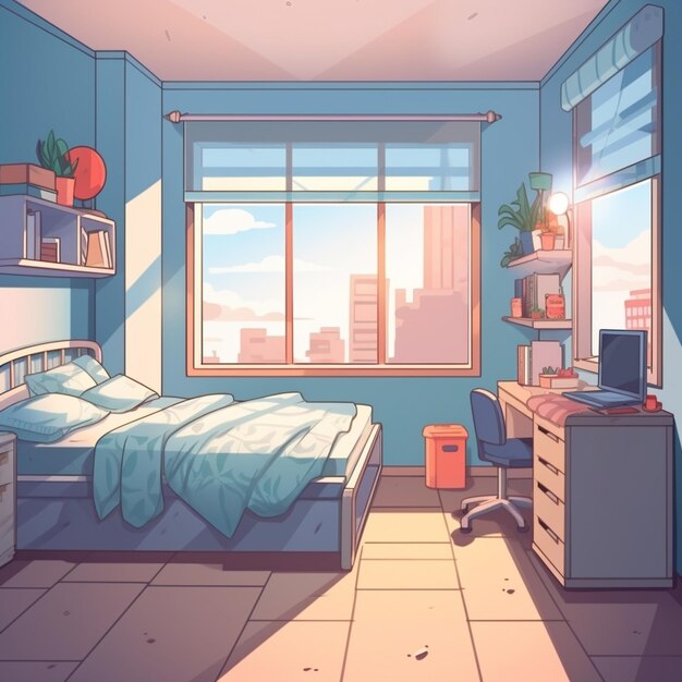 cartoon bedroom with a bed generative ai