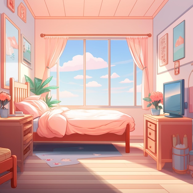 cartoon bedroom with a bed generative ai