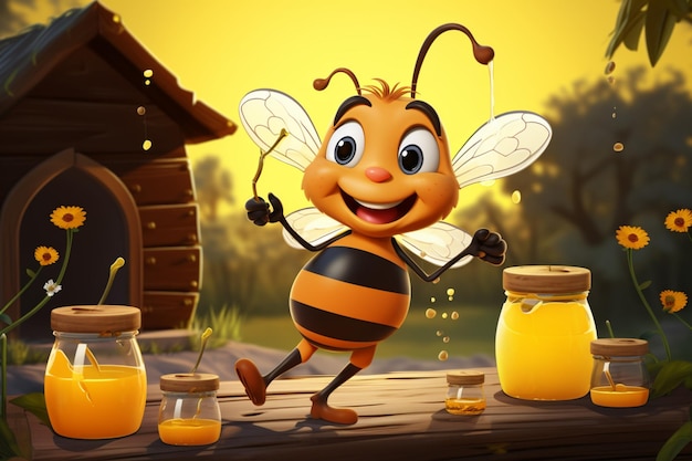 벌집 위의 만화 벌이 매력적인 시골 풍경을 배경으로 꿀단지 옆에서 손을 흔들고 있습니다.