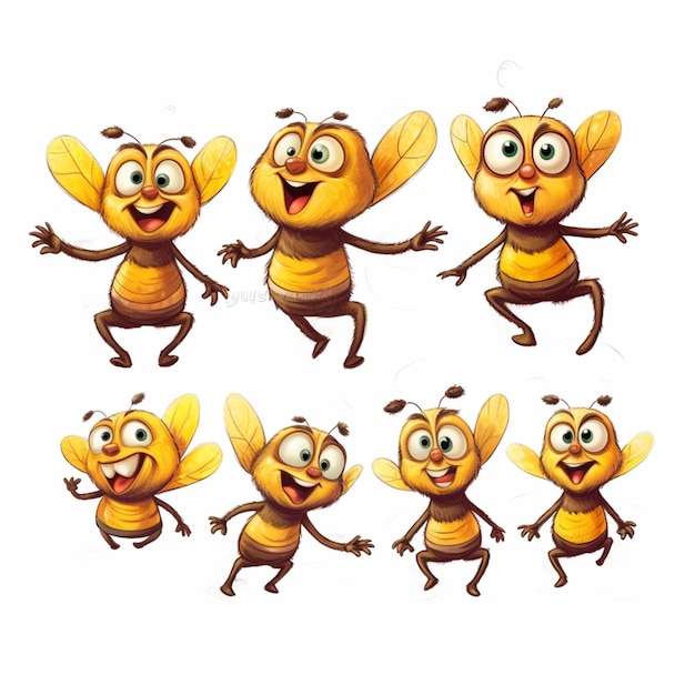 Photo cartoon bee character poses with different expressions generative ai