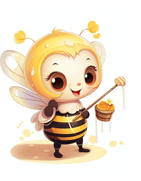 Photo a cartoon bee holding a spoon and words bn appetit